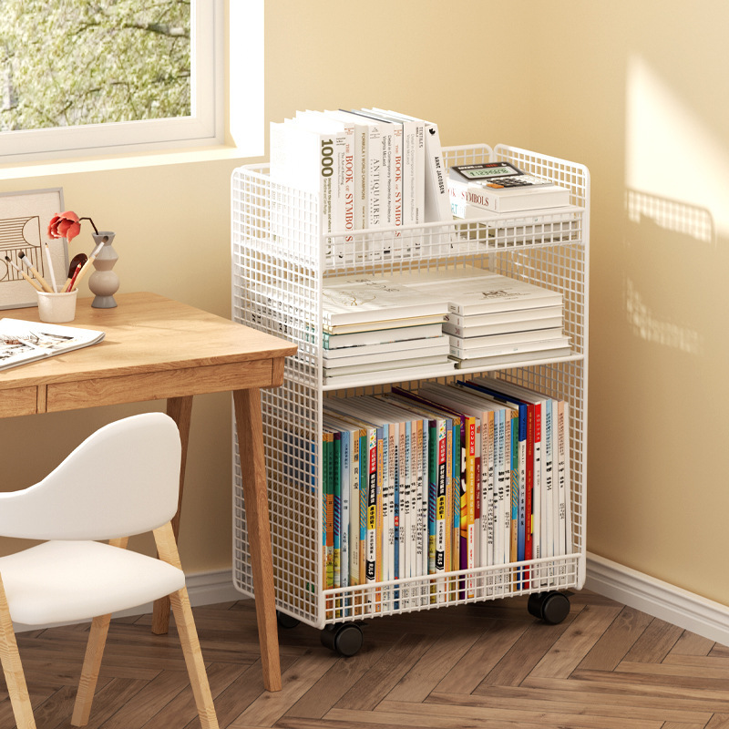Dormitory Desk Bookshelf Removable Storage Rack Floor-Standing Picture Book Table with Wheels Office Desk Cart Storage Rack Side