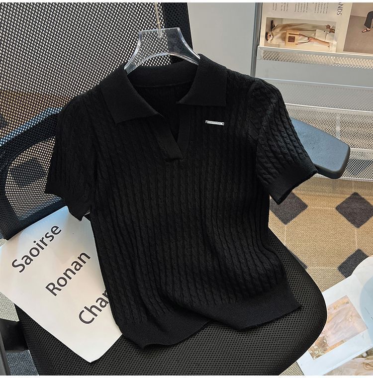 Polo Collar Ice Silk Knit Top For Women, Thin Loose Fit, Slimming, Plus Size, Short Sleeve T-Shirt_ecoleips.com