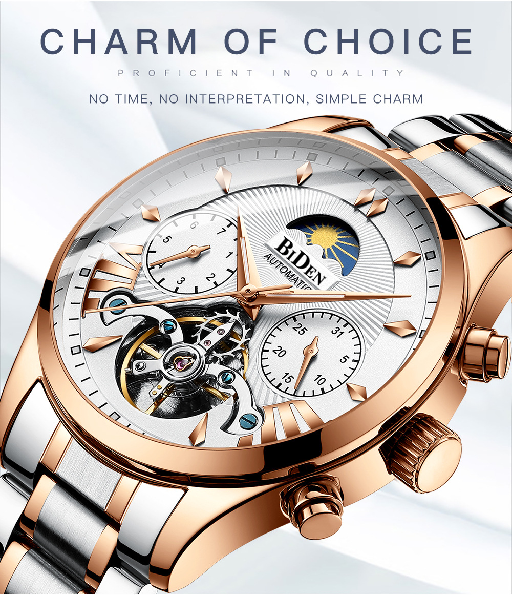 Biden Men's Mechanical Watch Multifunctional Sun Moon Star Luminous_voghion.com