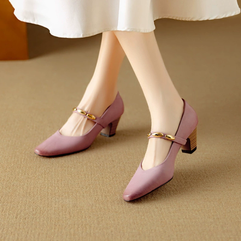 Женские туфли Мэри Джейн из натуральной кожи, 5,5 см, на одной пуговице, осень 2025, новые ретро-балетки, фиолетовые, на высоком каблуке, маленькие кожаные туфли