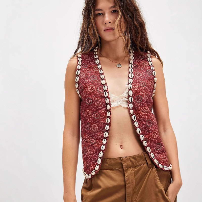 Foreign Trade European and American Cross-Border Open Flap Pocket Pants Adjustable Back Lace-Up Front Opening Design Shell Decorated Quilted Vest