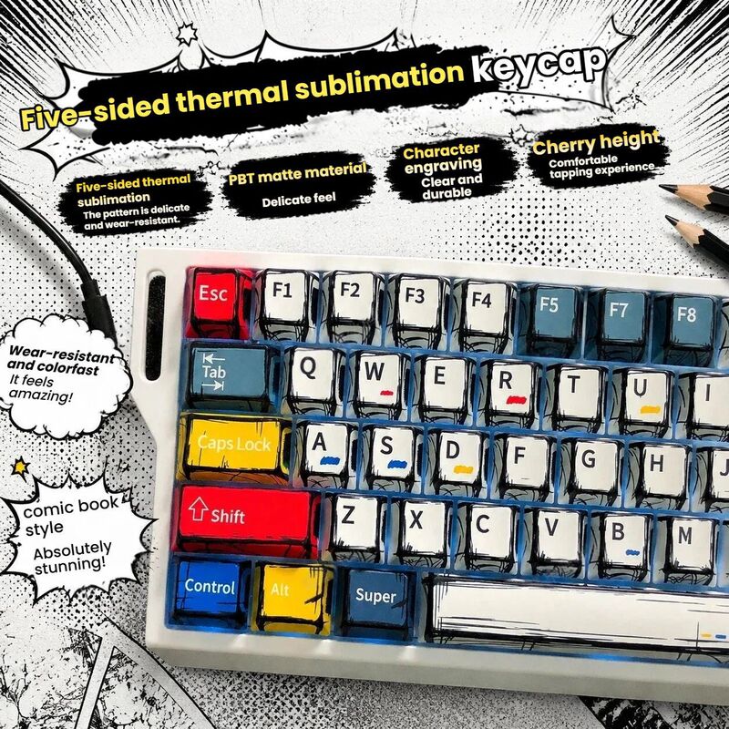 Comic-style graffiti keycaps, original PBT five-sided sublimation mechanical keyboard keycaps, compatible with 68/84/87/98/108