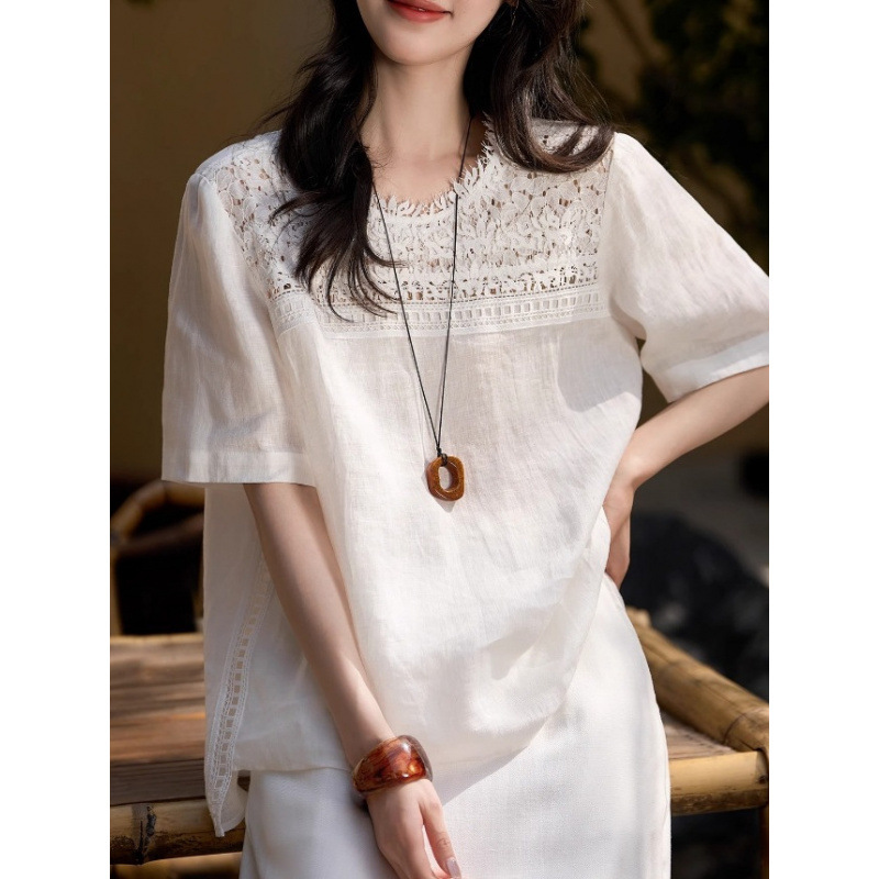 One Dream Fusheng Heavy Industry Lace Retro Artistic Elegant Loose Short Sleeve Round Neck Shirt Women's Top 2025 Xia Xin
