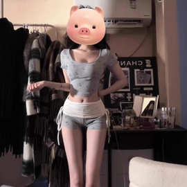 纯欲辣妹韩系短袖上衣低腰短裤两件套露肚脐性感上衣+裤子套装ins