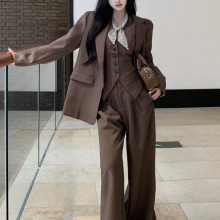 老钱风时尚套装气质长袖西装外套马甲背心女秋季休闲阔腿裤两件套