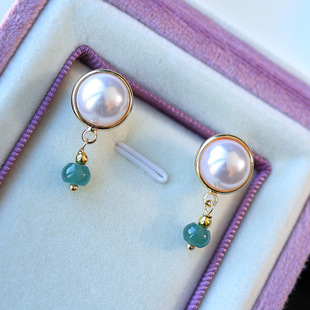 Fashion Joker Natural A Goods Jade Earrings Women's High-end Sense Blue Water Old Material Earrings 14K Pearl Abacus Beads Earrings