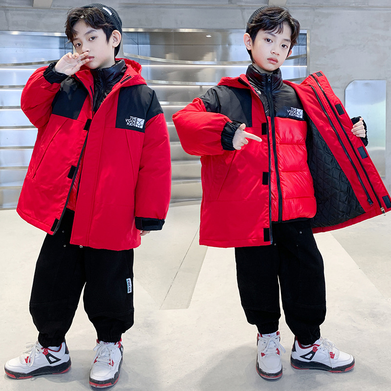 (2개) 소년의 두꺼운 겨울 코트 분리 가능한 충전 옷 3 대 1 소년 인터넷 기념 겨울 패션 코튼 옷 중 · 대형 어린이