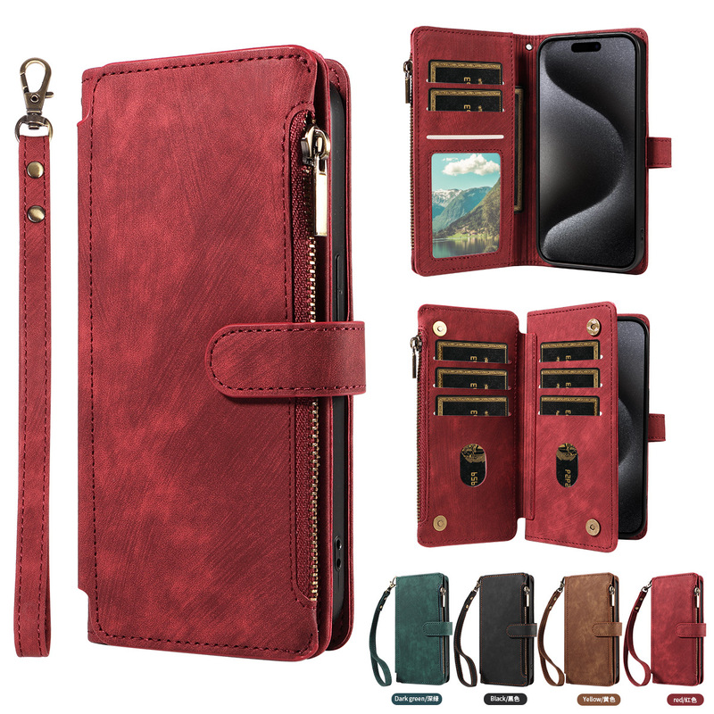 Suitable for iPhone 16 wallet-style phone case, vintage zipper Apple 17 Pro Max back cover leather case, Samsung S25