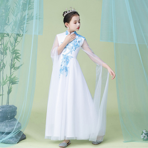 Girls children white hanfu waterfall sleeves show costume improved cheongsam Chinese wind the children of Chinese guzheng host stage shows dresses for kids 