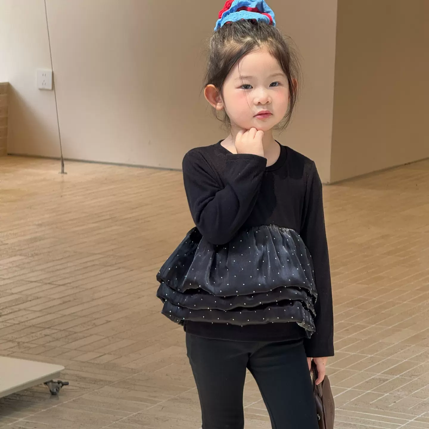 2025秋季新款童装 韩版童装 女童拼接亮纱T恤 女童设计感长袖T恤