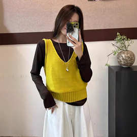 韩系设计感V领叠穿针织无袖马甲背心长袖T恤气质减龄时尚两件套女