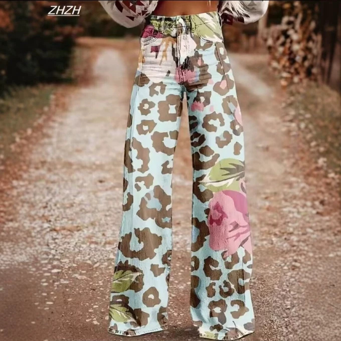 Retro 1970s Y2K Style Wide-Leg Pants Hippie Disco Faux Denim Women's Casual Daily Fashion Pants Retro 1970s Y2K Style Wide-Leg Pants Hippie Disco Faux Denim Women's Casual Daily Fashion Pants