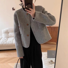 冬款韩系灰色小香风毛呢大衣女2024短款小个子气质设计感外套上衣