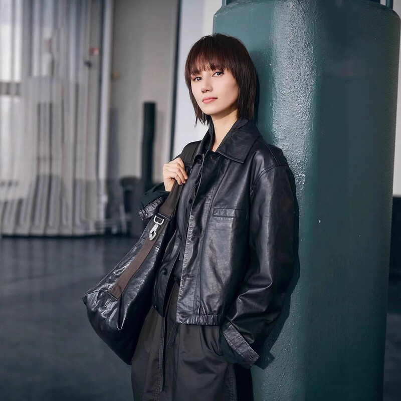 Autumn Square Collar Leather Jacket for Women, Sheep Semi-Vegetable Tanned Light Oil Wax Leather Jacket, Short Slim Loose Leather Jacket