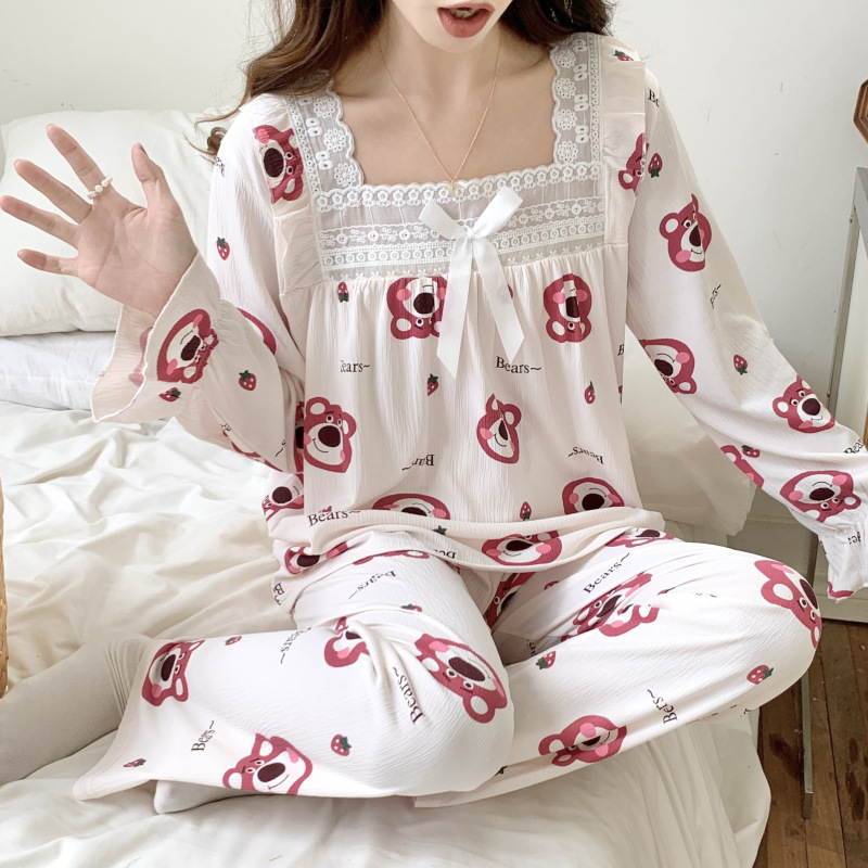 Oso de fresa primavera y otoño pijamas de algodón de manga larga pantalones de estilo de princesa dulce de las mujeres más el tamaño casual ropa para el hogar