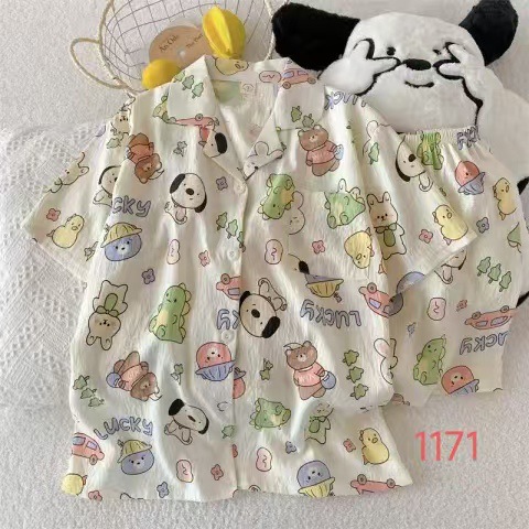Pijamas de algodón nubes al por mayor transfronterizos de verano nuevos pantalones cortos de manga corta cardigan con solapas japonesas y coreanas de dibujos animados a cuadros