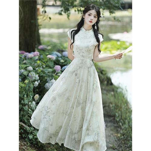 150 Small Size Chinese Style Improved Dress for Women, Summer New Chinese Style Bamboo Cheongsam with Waist Control, A-Line Mid-Length