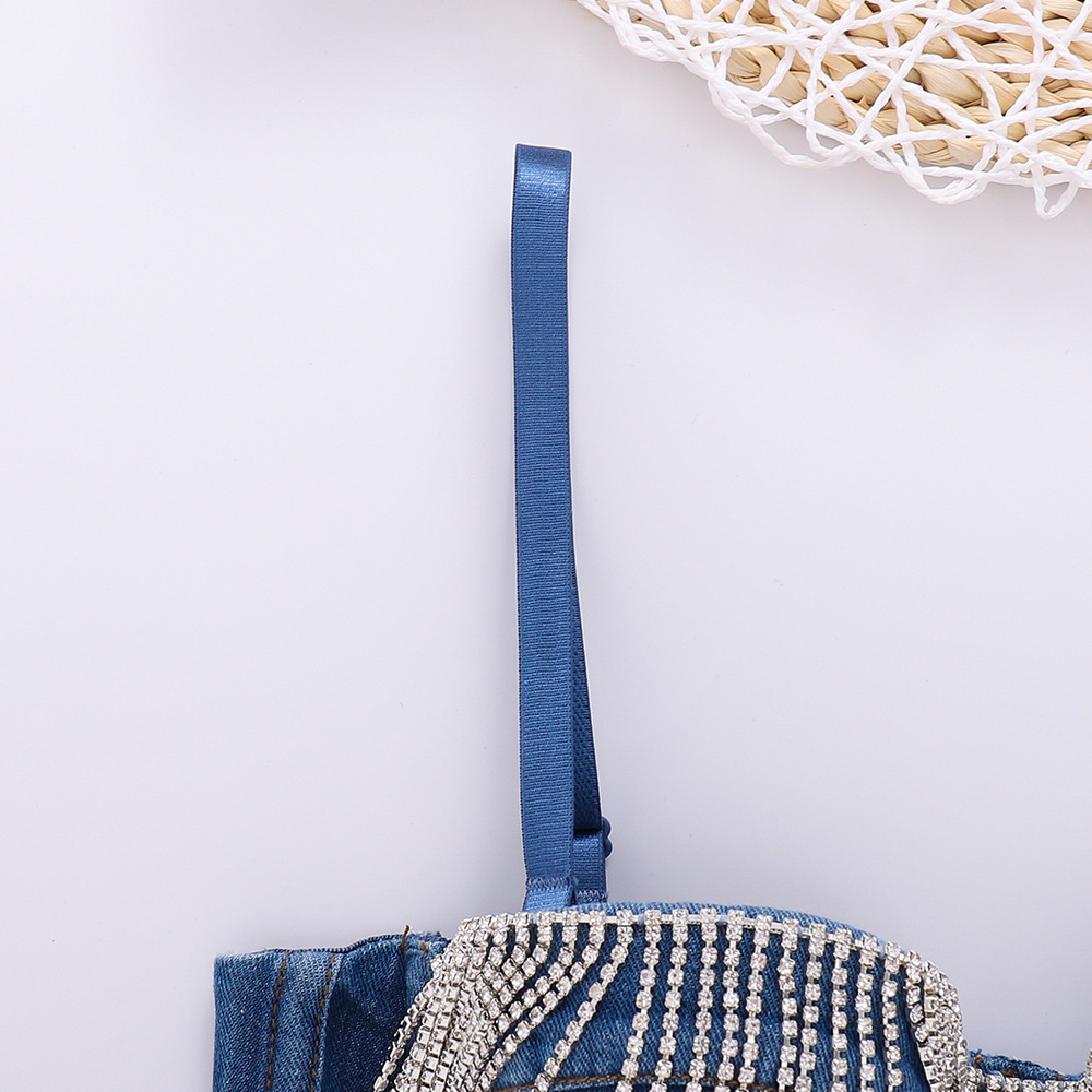 Design bandeau din denim tip fishbone, cu franjuri, bretele cu diamant strălucitor, îmbrăcăminte exterioară, top bungee căptușit pentru femei_voghion.com