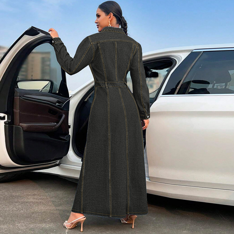 708g Weight Maxi Long Dress Dress Length Type Long Sleeve Sleeve Length Denim Dress Dresses Type Cotton (more than 30%), Denim Fabric Type High Waist Waist Line Holiday, Street Occasion Turndown Neckline Slim Fit Type Solid Color Pattern Spring, Autumn Season Women's Gender Streetwear Style Wholesale Women's Streetwear Solid Color Holiday Street Turndown Long Sleeve Denim Dress 9
