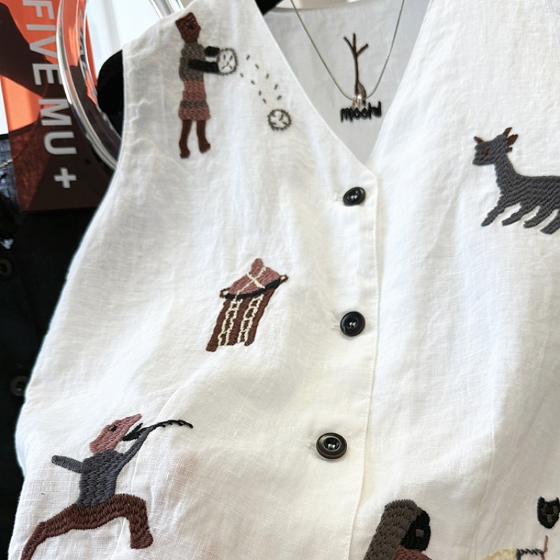 高級綿麻重工刺繍韓系vネックベストの外に袖なしの肩の上着を着ています。|undefined