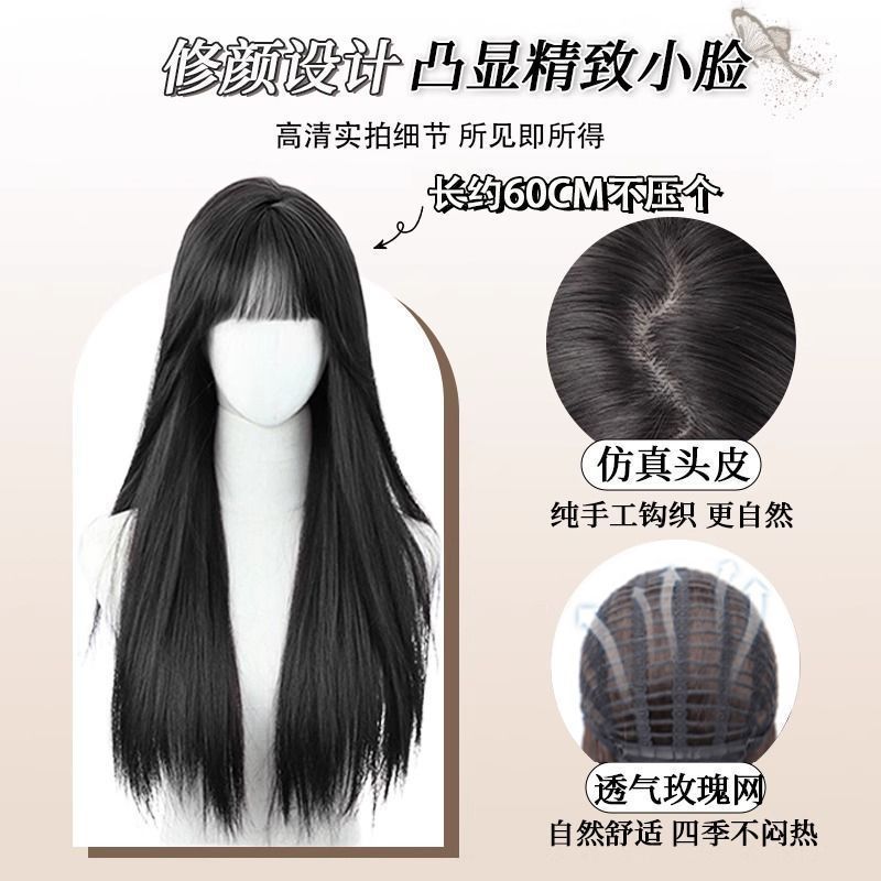 Peruca diaria cabello largo natural de cabello completo estilo de reducción de la edad temperamento negro caricatura cabello largo negro cabello largo