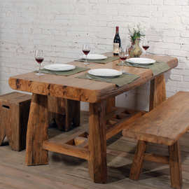 复古老榆木餐桌长方形茶饭桌原木六人全实木家具茶台多功能桌子