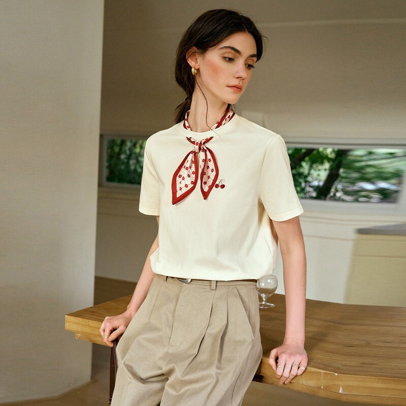 European Style 2025 New Model with Hollow-Out Neckline, French-Style Silk Scarf, and Embroidered Short-Sleeve T-Shirt for Women European Style 2025 New Model with Hollow-Out Neckline, French-Style Silk Scarf, and Embroidered Short-Sleeve T-Shirt for Women