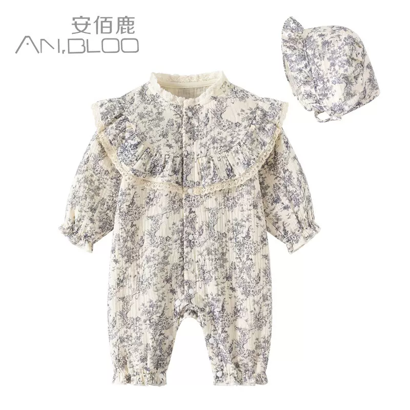 童装双层纱布纯棉新生儿爬服宝宝连体衣春秋款水墨画婴儿长爬服装