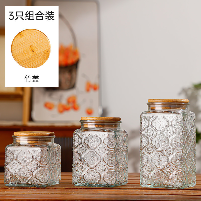 Hogar vintage Begonia flor realzada snack caramelo almacenamiento tarro bambú cubierta americana cocina transparente vidrio sellado frasco