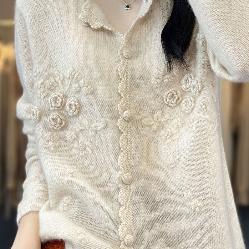 European Station with Cashmere Cardigan Women's Round Neck Wear Early Spring Heavy Industry Portable Rose Cashmere Knitted Jacket