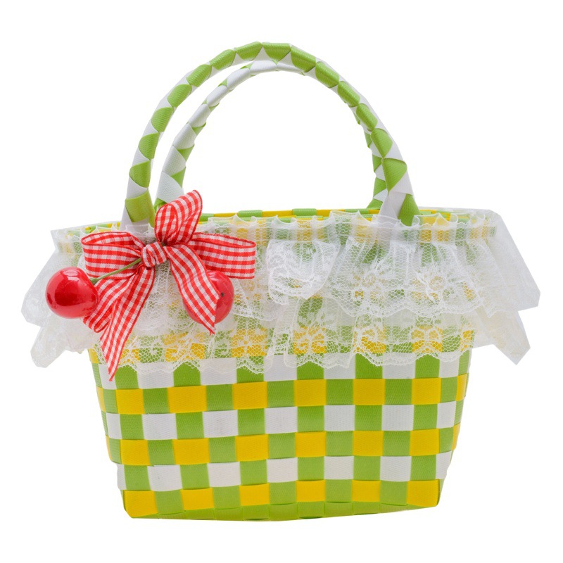 Al por mayor pastoral cesta de verduras niña los niños dibujos animados conejo fresco color tejido bolso la muchacha