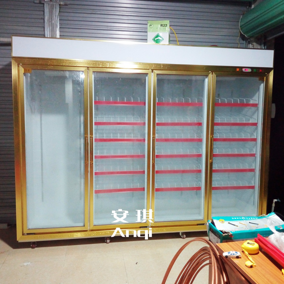 供应安琪牌新款金黄色四门饮料柜酒水柜保鲜冷藏展示柜冷柜