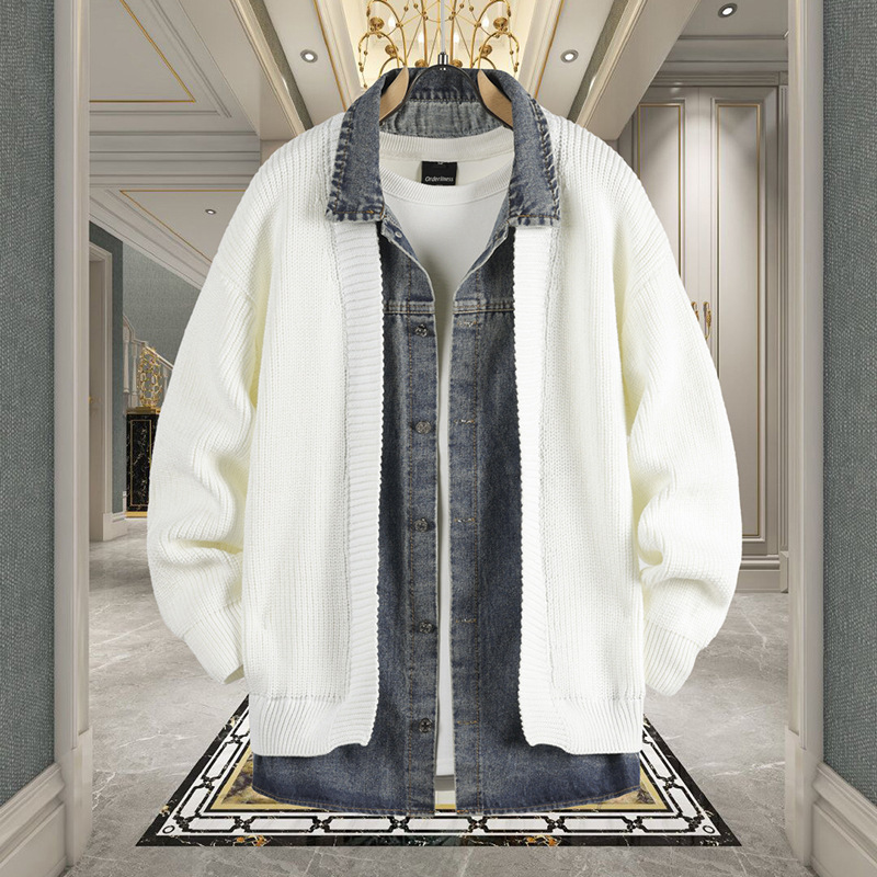 Denim Stitching Fake Two-Piece Cardigan Sweater Coat Men's Spring and Autumn Design Sense Knitwear Casual Loose Sweater