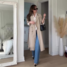 2025秋季欧美亚马逊跨境外贸女装时尚新款宽松卡其色简约长款风衣