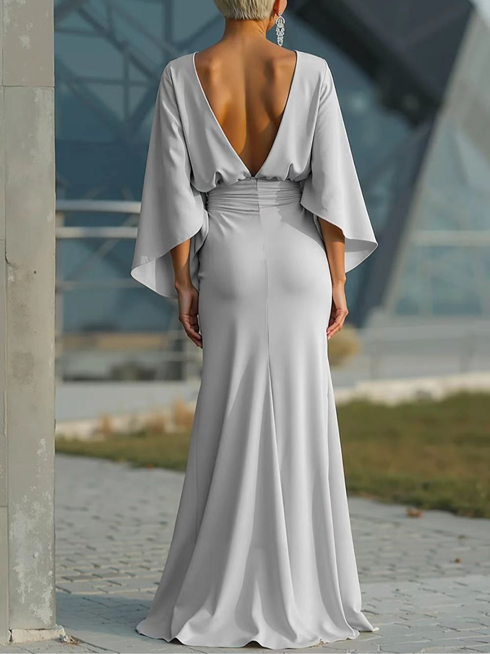 Elegant Backless Pleated Long Dress For Women American Style Slim Fit With Pockets New In Stock_ecoleips.com