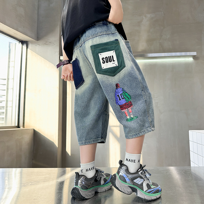 Pantalones de vaqueros para niños, pantalones de verano delgados, pantalones de siete puntos, pantalones de verano para niños casuales coreanos, pantalones de vaqueros de moda para niños