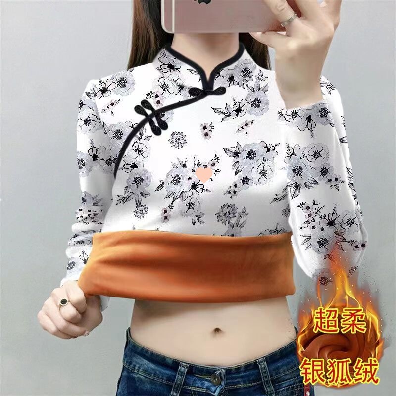 Silver Fox Velvet Fleece-Lined Warm Thickened Base Shirt Plus-Size Women's Autumn and Winter New Long-Sleeve Slimming Top Silver Fox Velvet Fleece-Lined Warm Thickened Base Shirt Plus-Size Women's Autumn and Winter New Long-Sleeve Slimming Top