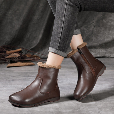 旅途 2021冬季加绒毛靴女头层牛皮加厚绒里保暖短靴平底圆头棉靴