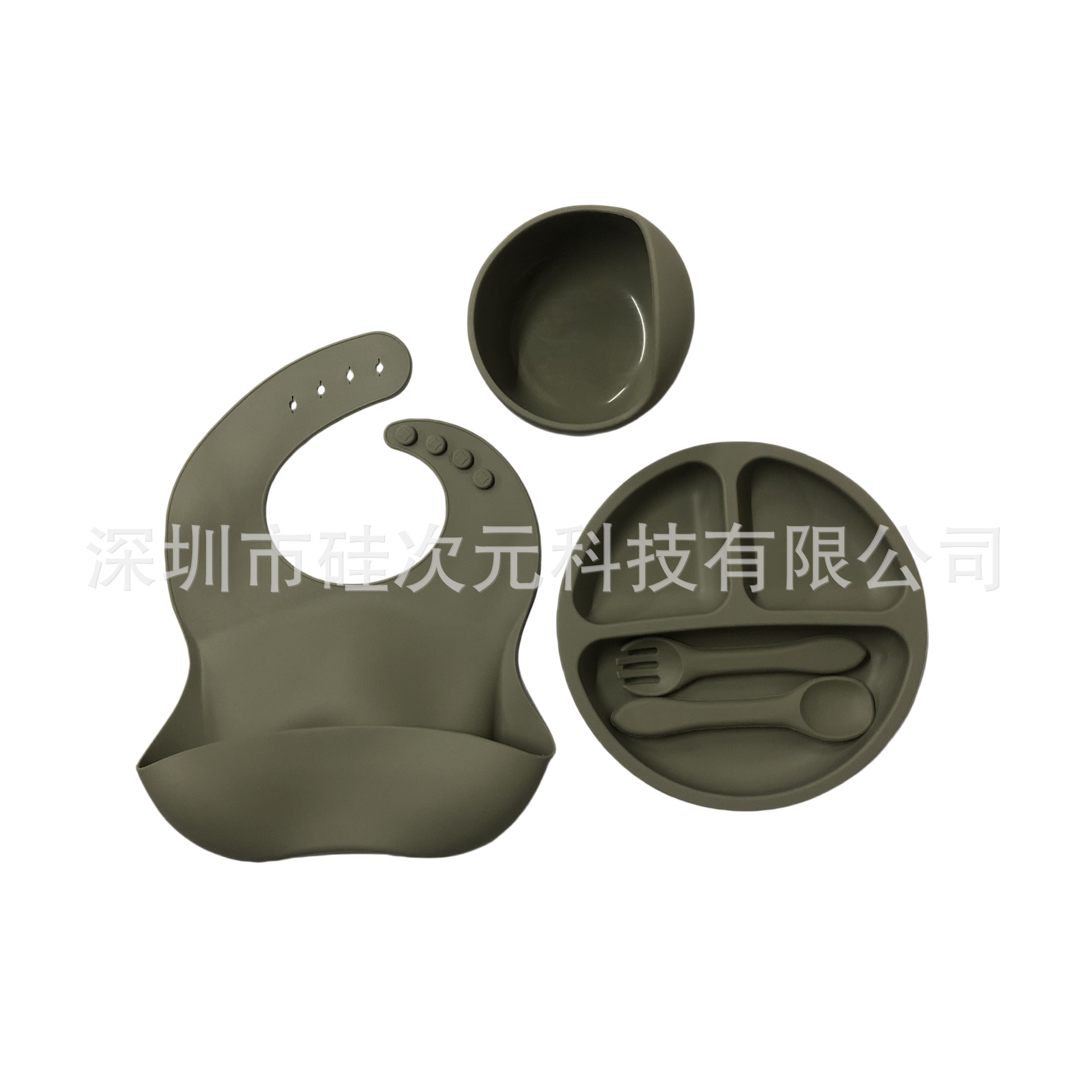 그린 5종 세트 (턱받이+디너접시+그릇+포크+스푼)