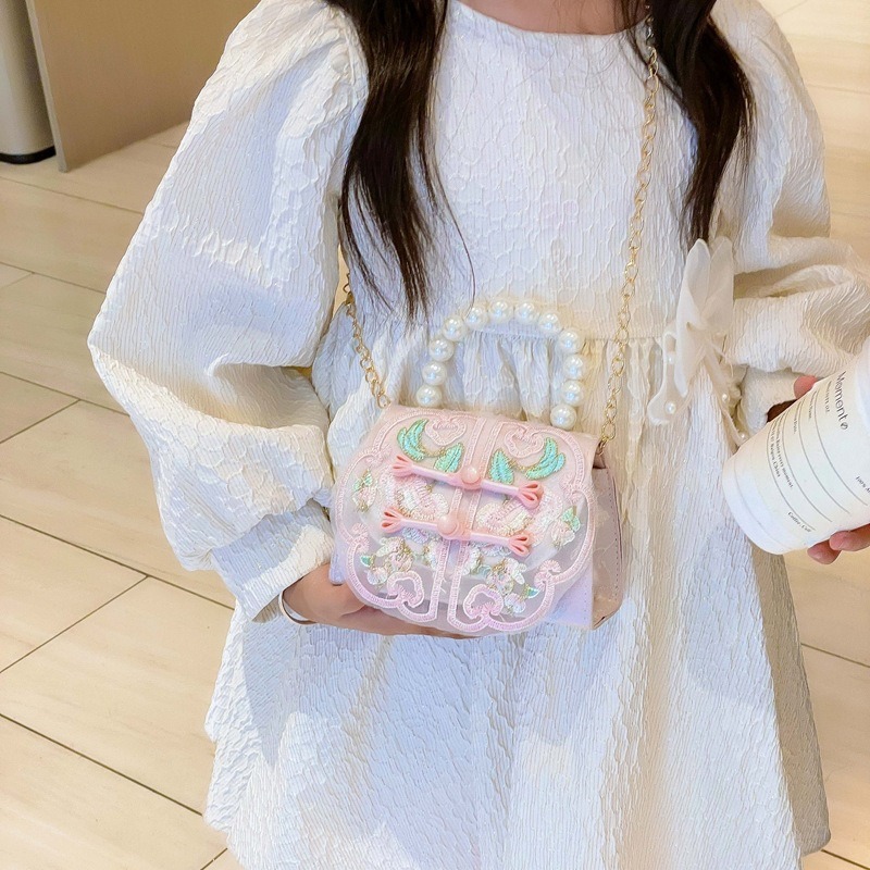 Chica linda princesa bolso de perlas encaje bordado portátil todo fósforo pequeño bolso cuadrado estilo étnico bolso de mensajero para niños