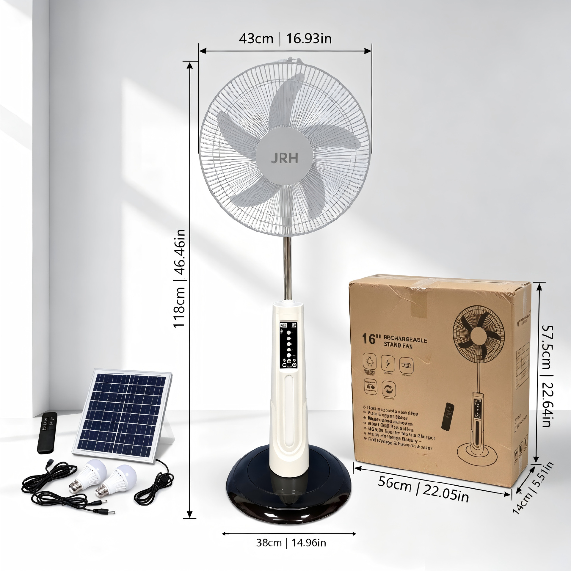 Solarfan transfronterizo África carga remota de aterrizaje de 16 pulgadas consumo de energía de primera clase con luz ventilador solar silencioso