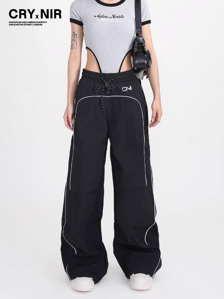 Pantalones deportivos casuales de pierna ancha americana 2025 nuevos pantalones de trapeador sueltos con cordón retro