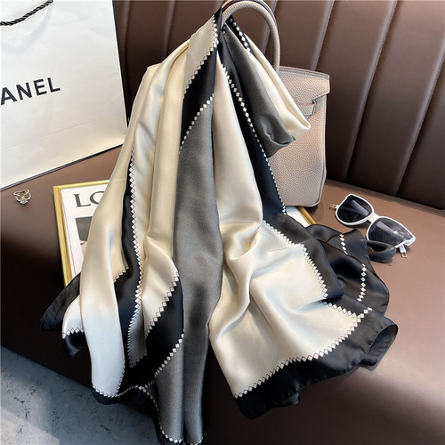 New silk satin spring and autumn silk scarf geometric color matching thin silk scarf women's mid-length scarf sun protection vacation shawl turban beach towel