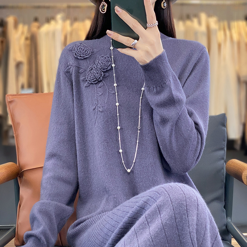 100%纯羊毛2025秋冬新款女装宽松圆领毛衣裙过膝长裙针织衫连衣裙|undefined