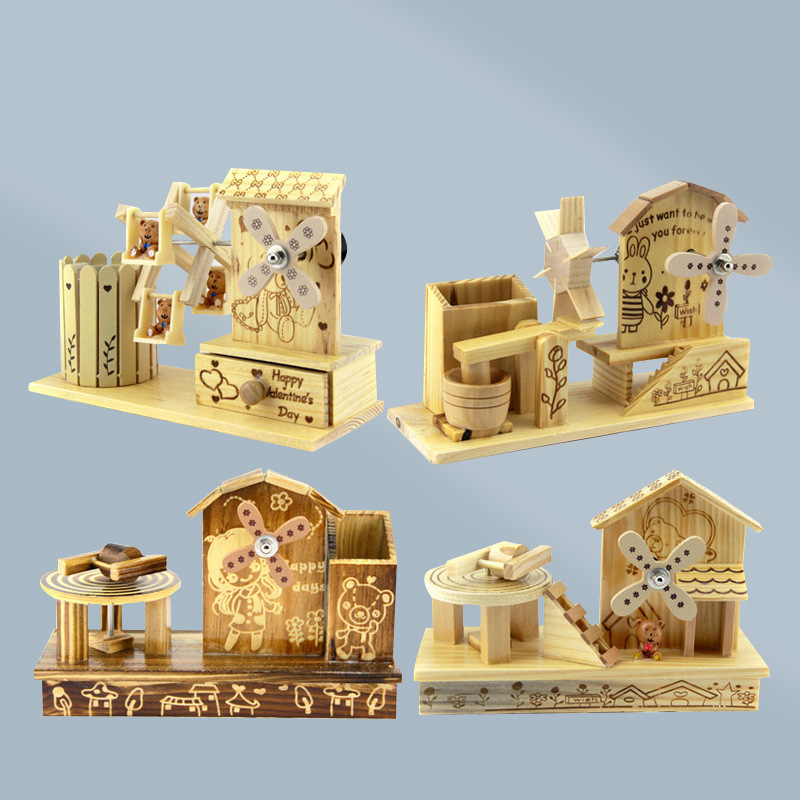 (Wholesale), wooden rotating music windmill toy, car model, minifigure, music box for elderly, decorations, jewelry, new collection