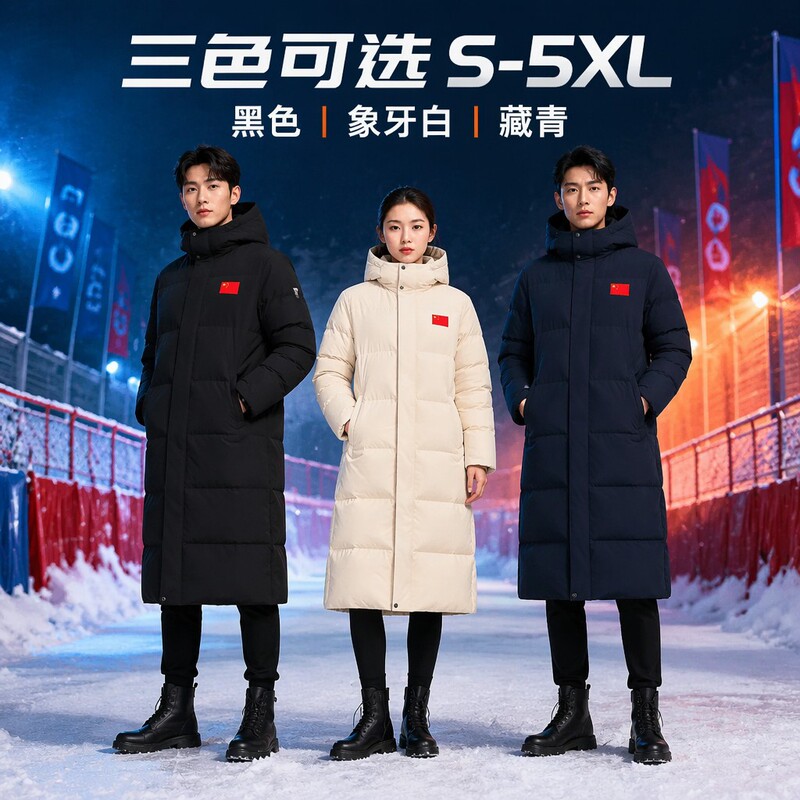 National team long thick down jacket, unisex sports cold-proof coat, YKK zipper, windproof, waterproof, anti-static