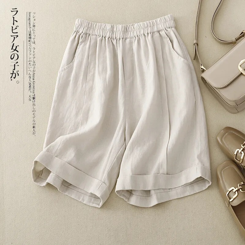 Cotton and Linen Shorts for Women, Elastic High-Waisted Wide-Leg Pants, Summer Dopamine Style, New Loose Casual Five-Point Pants, Mid-Length Pants Cotton and Linen Shorts for Women, Elastic High-Waisted Wide-Leg Pants, Summer Dopamine Style, New Loose Casual Five-Point Pants, Mid-Length Pants