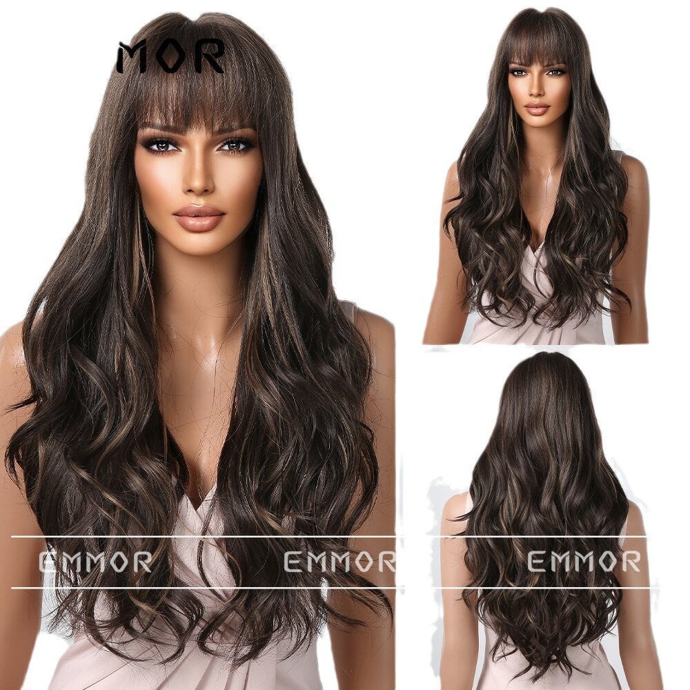 Peluca de pelo largo de las mujeres de simulación natural flequillo onda grande rojo marrón cubierta de la cabeza completa estilo europeo y americano moda peluca cubierta de la cabeza