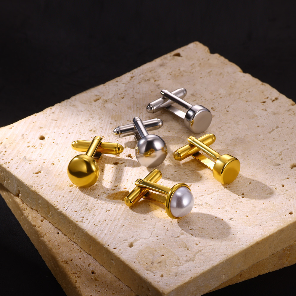 Cross-border New Men's French Shirt Cufflinks Imitation Pearl Cuffpins Golden Stainless Steel Cuff Wedding Buttons