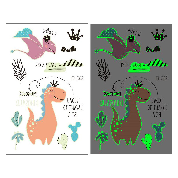 Suministro transfronterizo nuevo dinosaurio luminoso tatuaje pegatinas niños dibujos animados diversión pegatinas luminosas pegatinas temporales del tatuaje